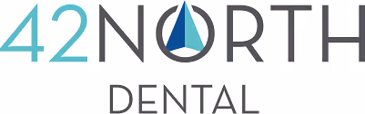 42 North Dental logo with a stylized blue and teal compass needle forming the letter O in North.