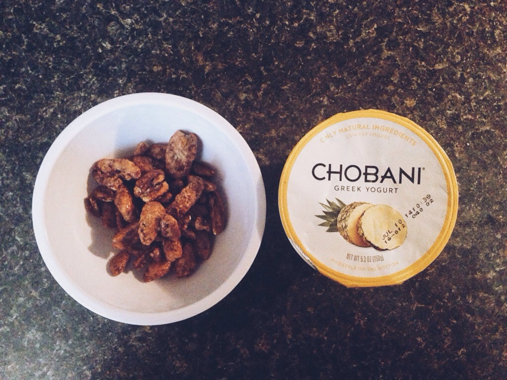 chobani and glazed pecans