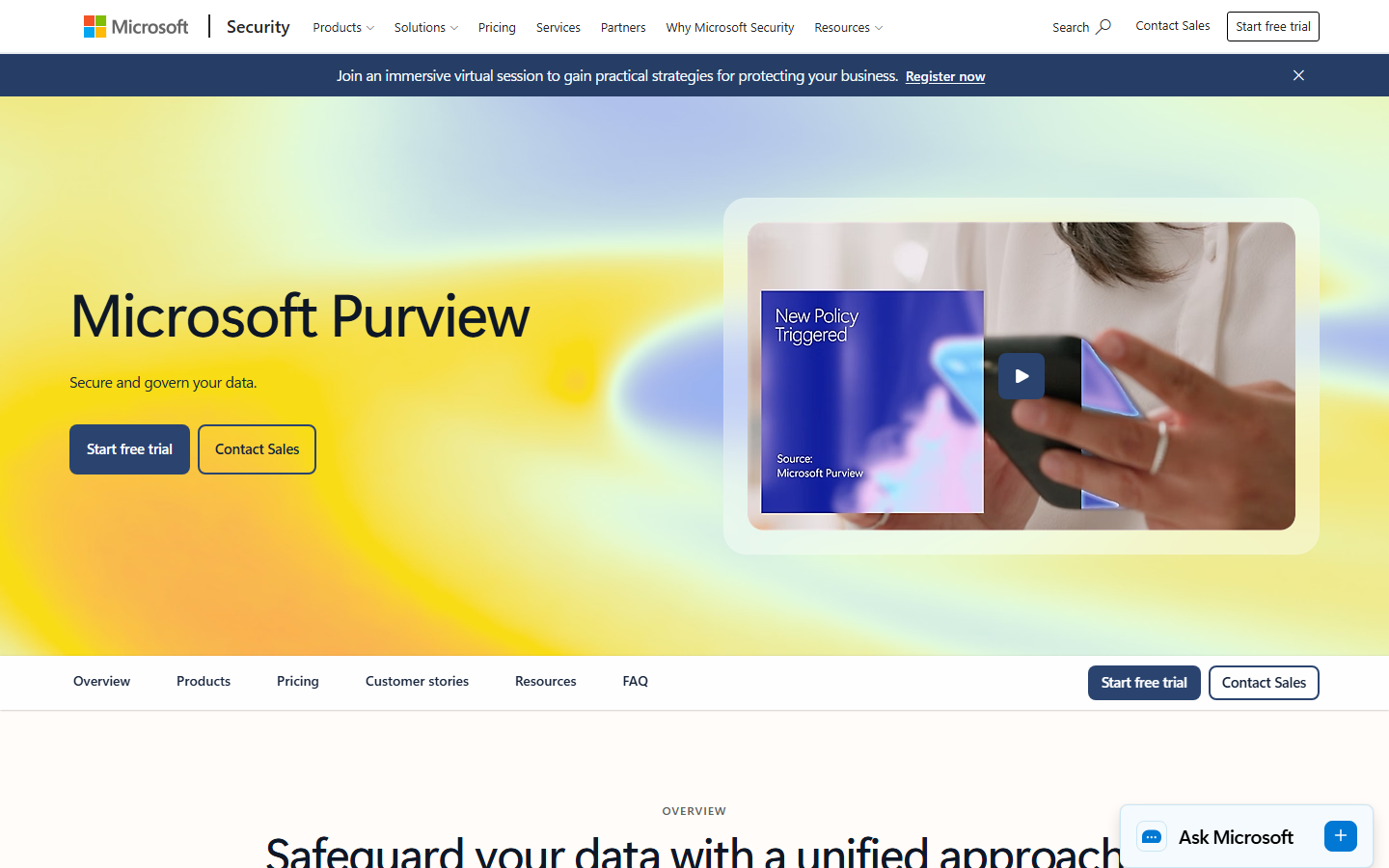 Source: Microsoft Purview website homepage (microsoft.com, captured August 2026)