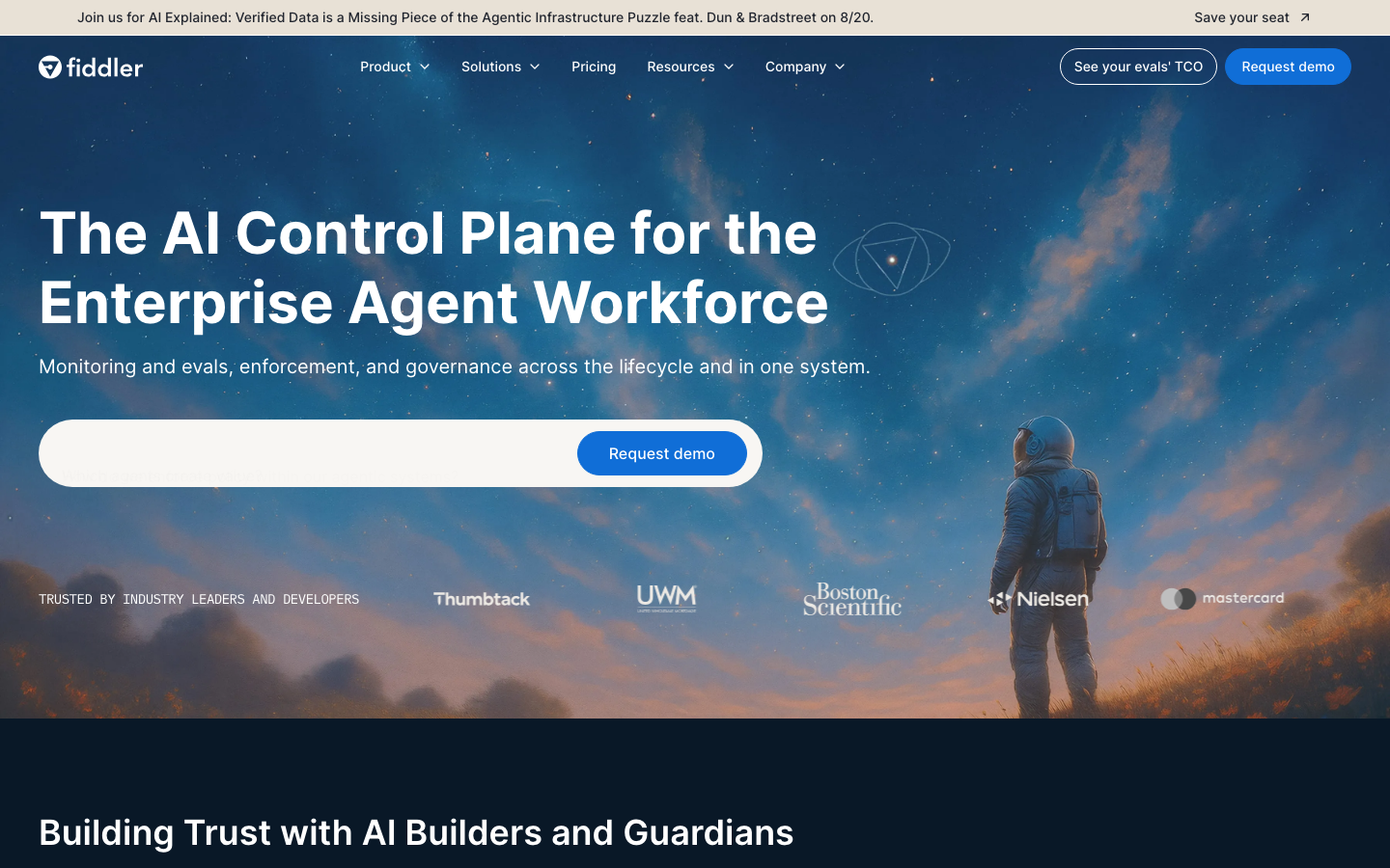 Source: Fiddler AI website homepage (fiddler.ai, captured August 2026).