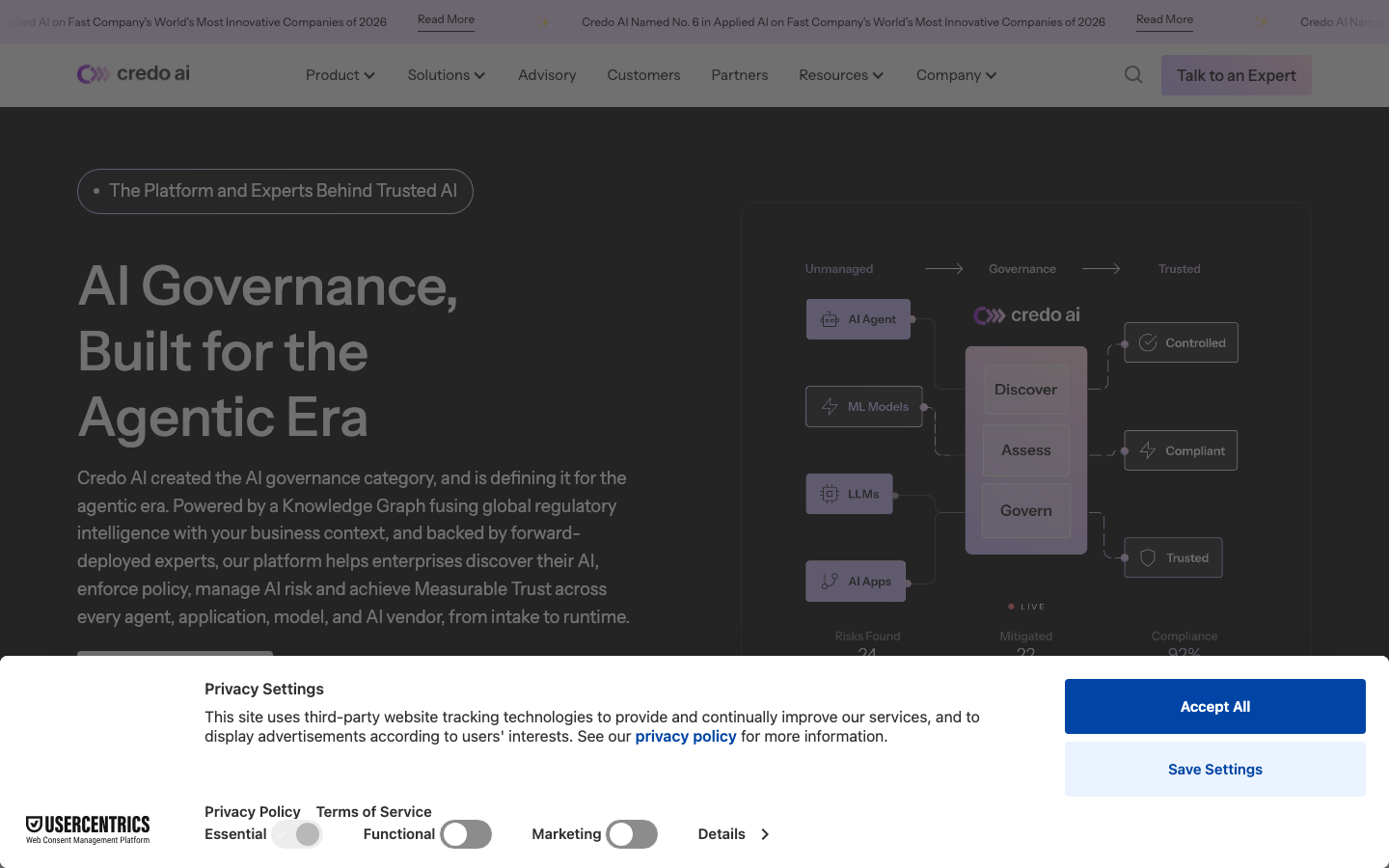 Source: Credo AI website homepage (credo.ai, captured August 2026).