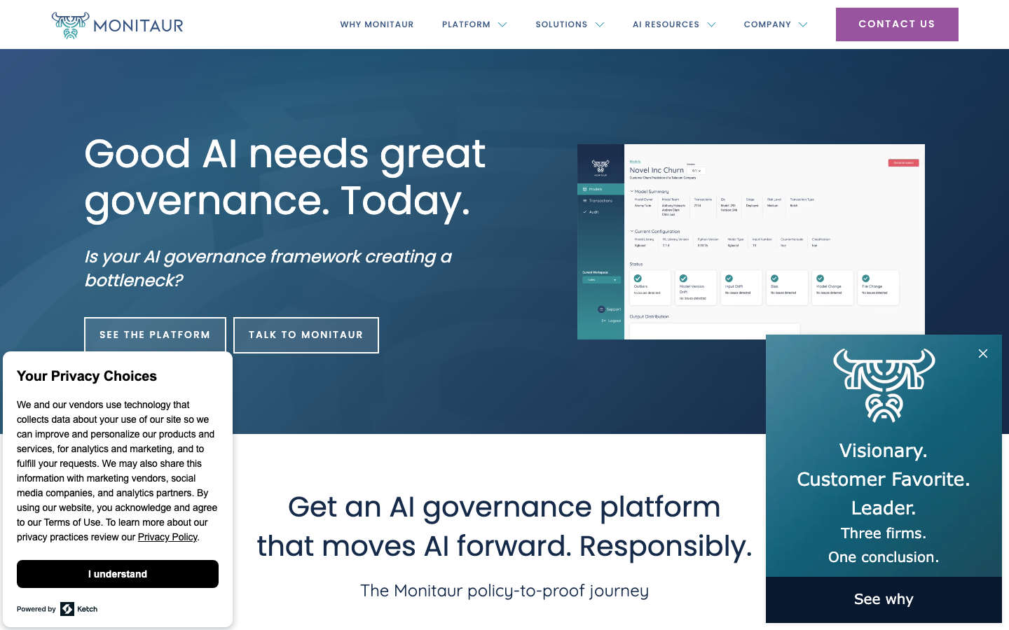 Source: Monitaur website homepage (monitaur.ai, captured August 2026).