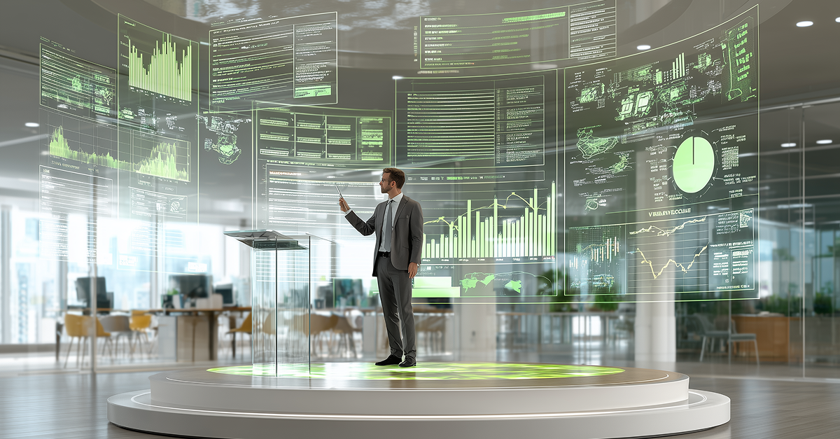 Business professional presenting data analytics on futuristic holographic screens in a modern office environment.