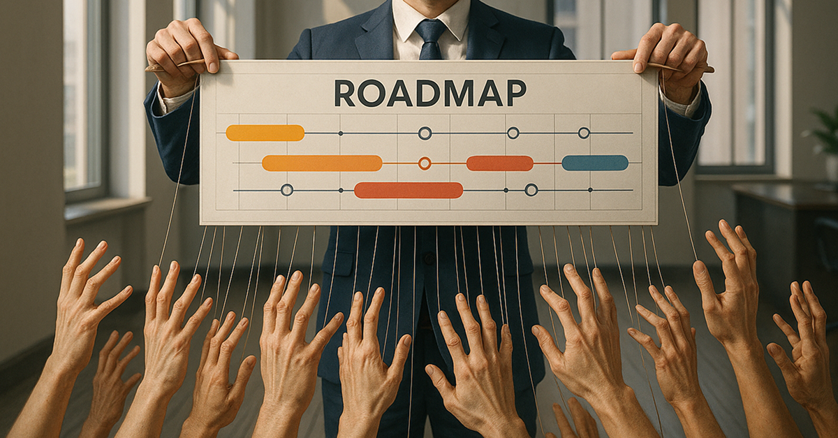 Businessman holding a roadmap chart as multiple hands reach toward it, symbolizing market influence on product planning.