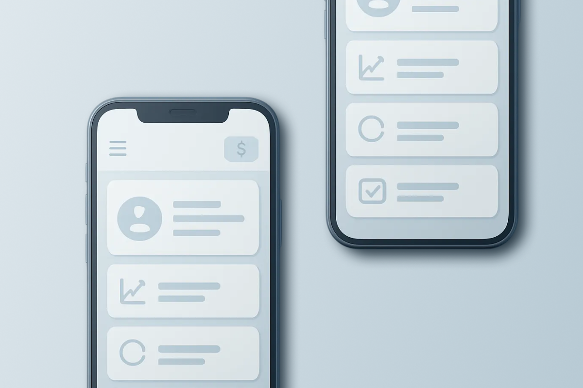 Minimalistic mobile banking UI concept showing simplified navigation blocks and thin-line icons on soft blue backgrounds, illustrating clarity and easy app navigation.