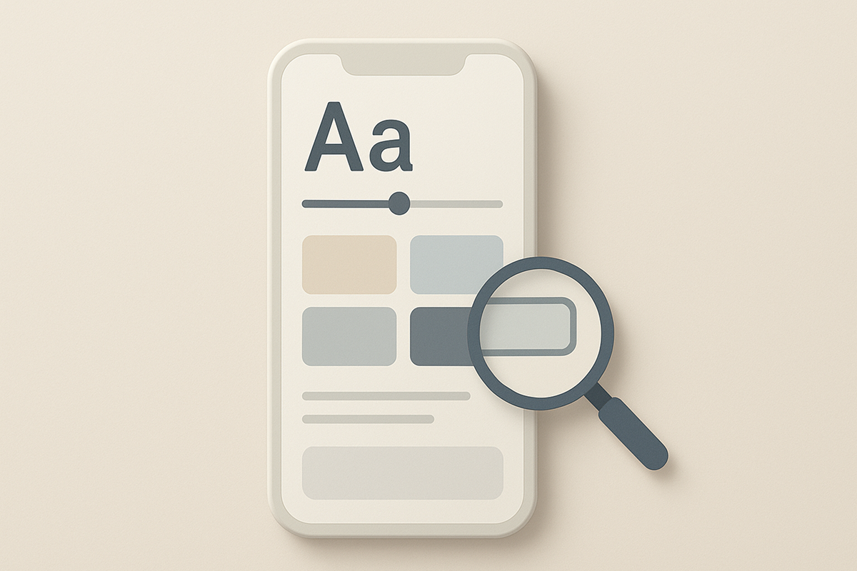 Clean illustration of a smartphone interface with large text indicator, contrast color swatches, and a magnifier highlighting accessible UI elements in soft neutral tones.