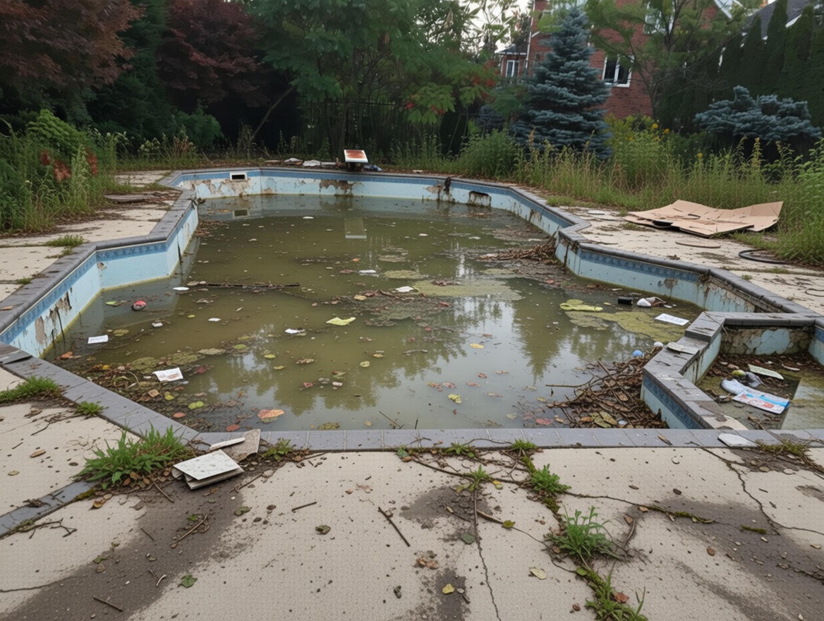 Winter mesh pool cover with water and debris on top of it