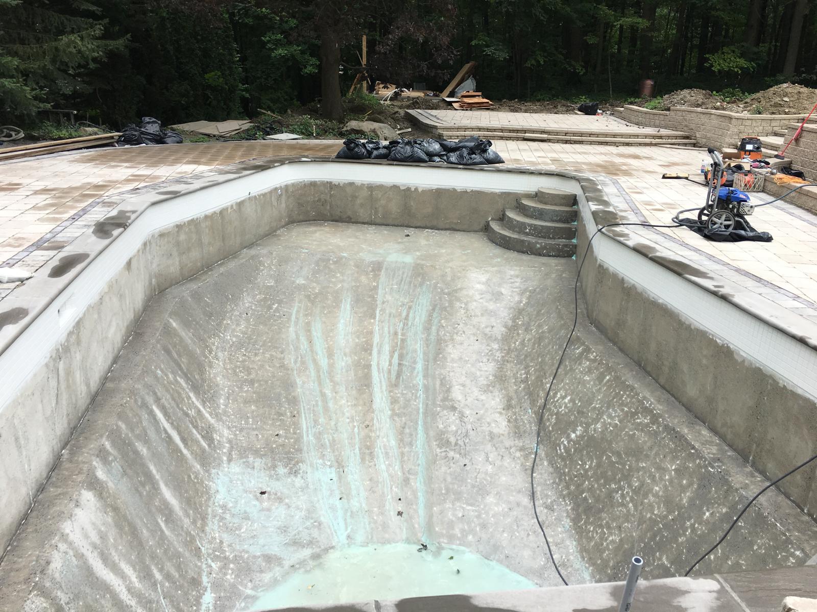 Winter mesh pool cover with water and debris on top of it