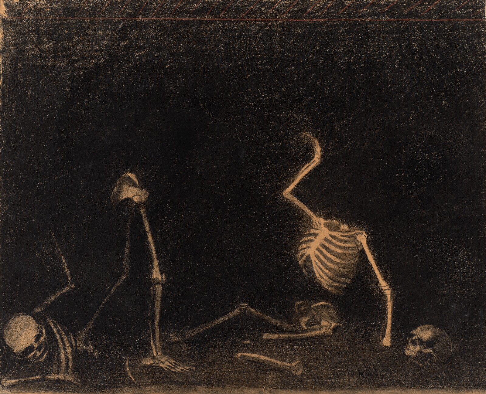 Odilon Redon, La Bataille des Os (The Battle of the Bones), c. 1881, charcoal and pastel on tan paper. J. Paul Getty Museum, 2024.17.