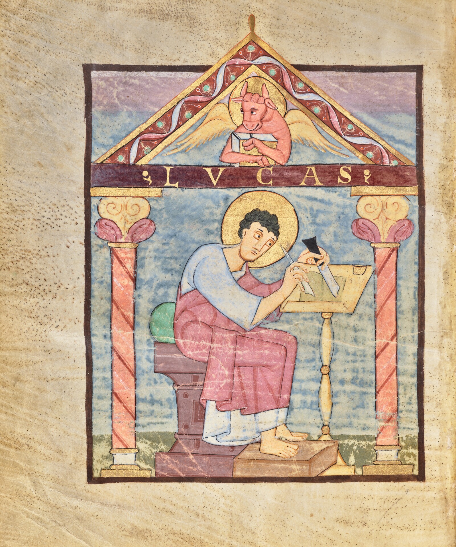 Saint Luke from the Irmengard Codex, shortly after 1053, German, tempera colors, gold and ink on parchment. J. Paul Getty Museum, Ms. 125 (2023.6), fol. 3v.