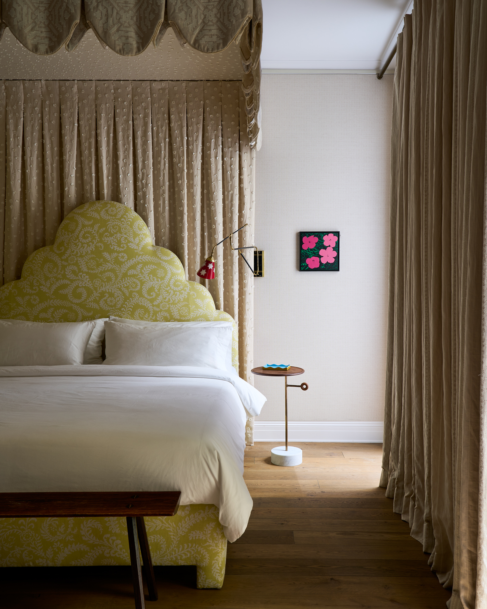Patrick Collins's bedroom with Elaine Sturtevant's Warhol Flowers pink flowers.