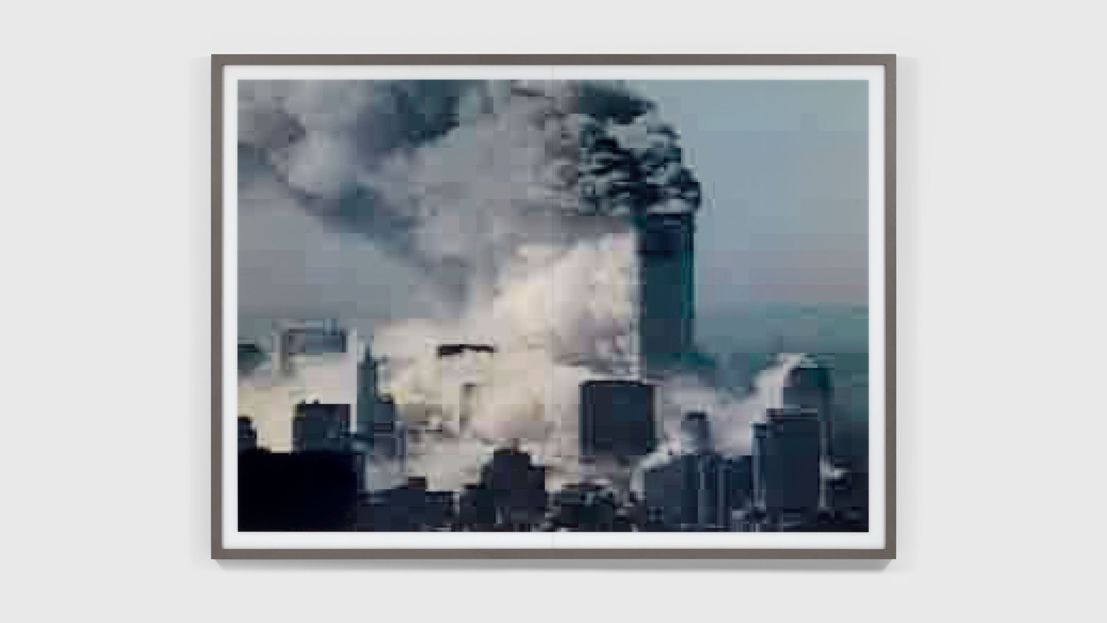 Thomas Ruff's jpeg ny02, 2004, showing a pixelated image of the World Trade Center attacks.