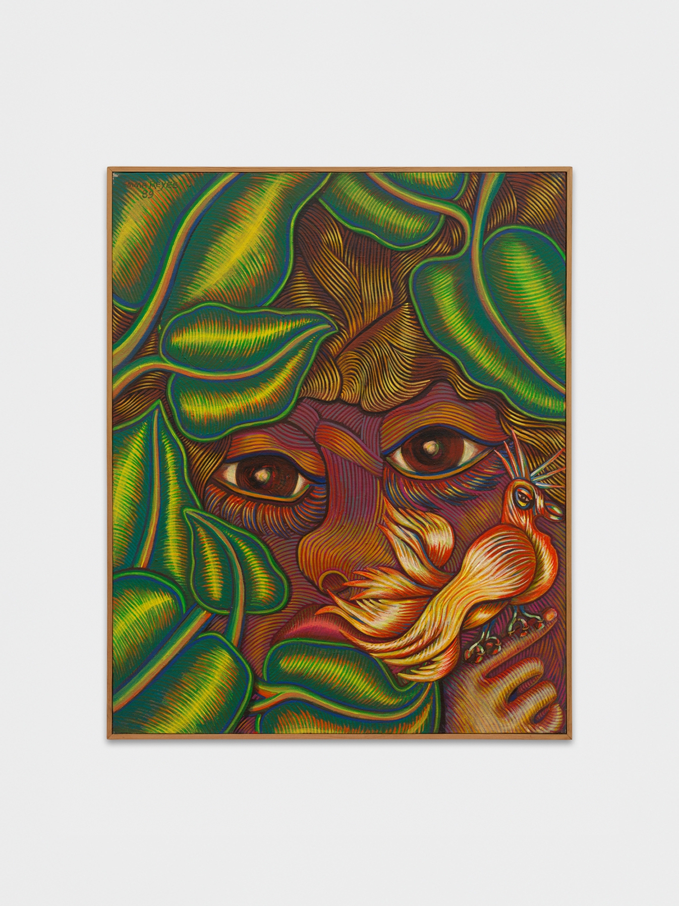 Emma Reyes Untitled 1989 portrait-like painting with foliage and bird forms