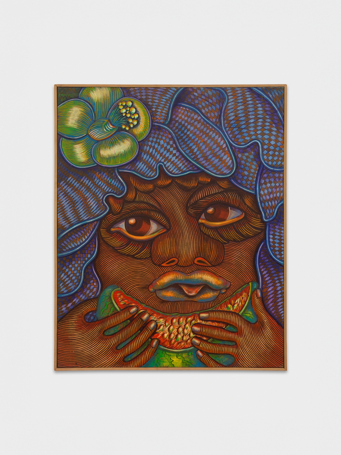 Emma Reyes Untitled 1988 face with patterned head covering and fruit
