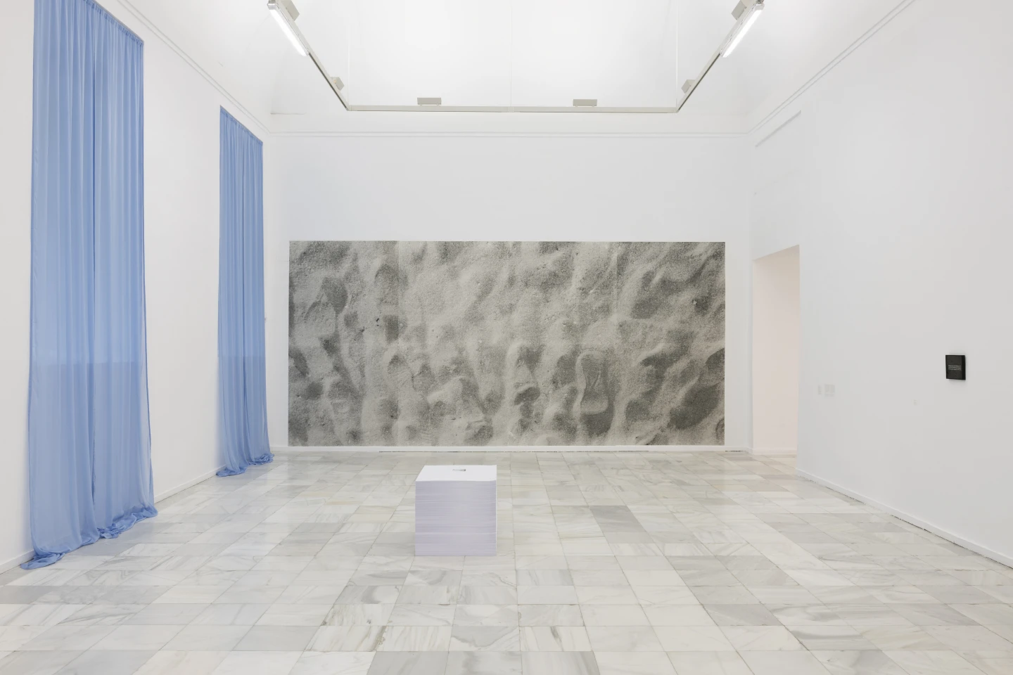 Felix Gonzalez-Torres exhibition view with blue curtains paper stack and photographic wall work