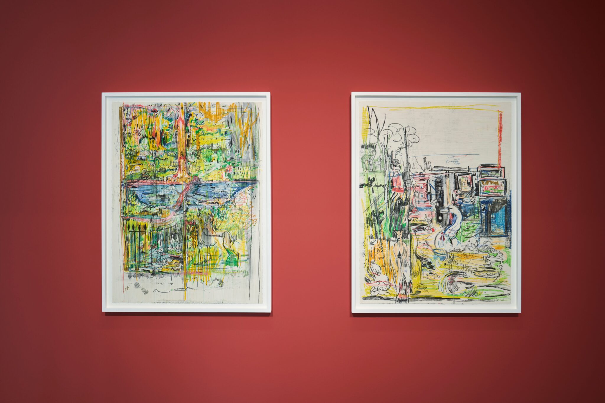 Two Cecily Brown works on paper on a red wall at Serpentine South