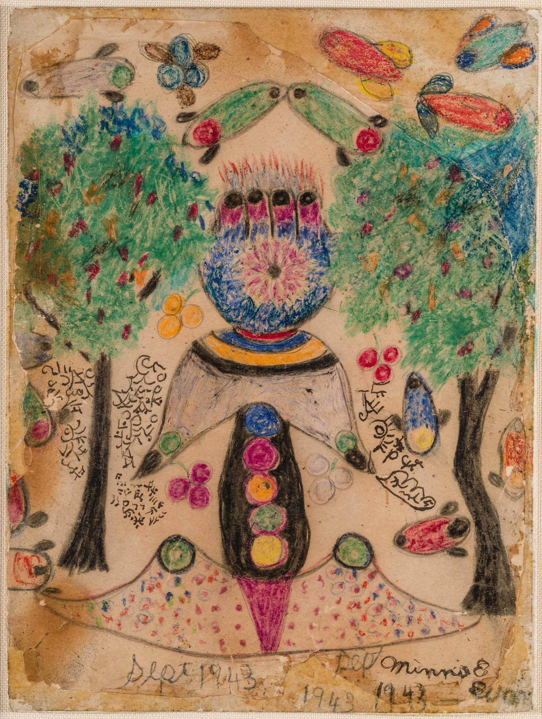 Minnie Evans Mosquito Bombs 1943 drawing with vivid organic and aerial forms