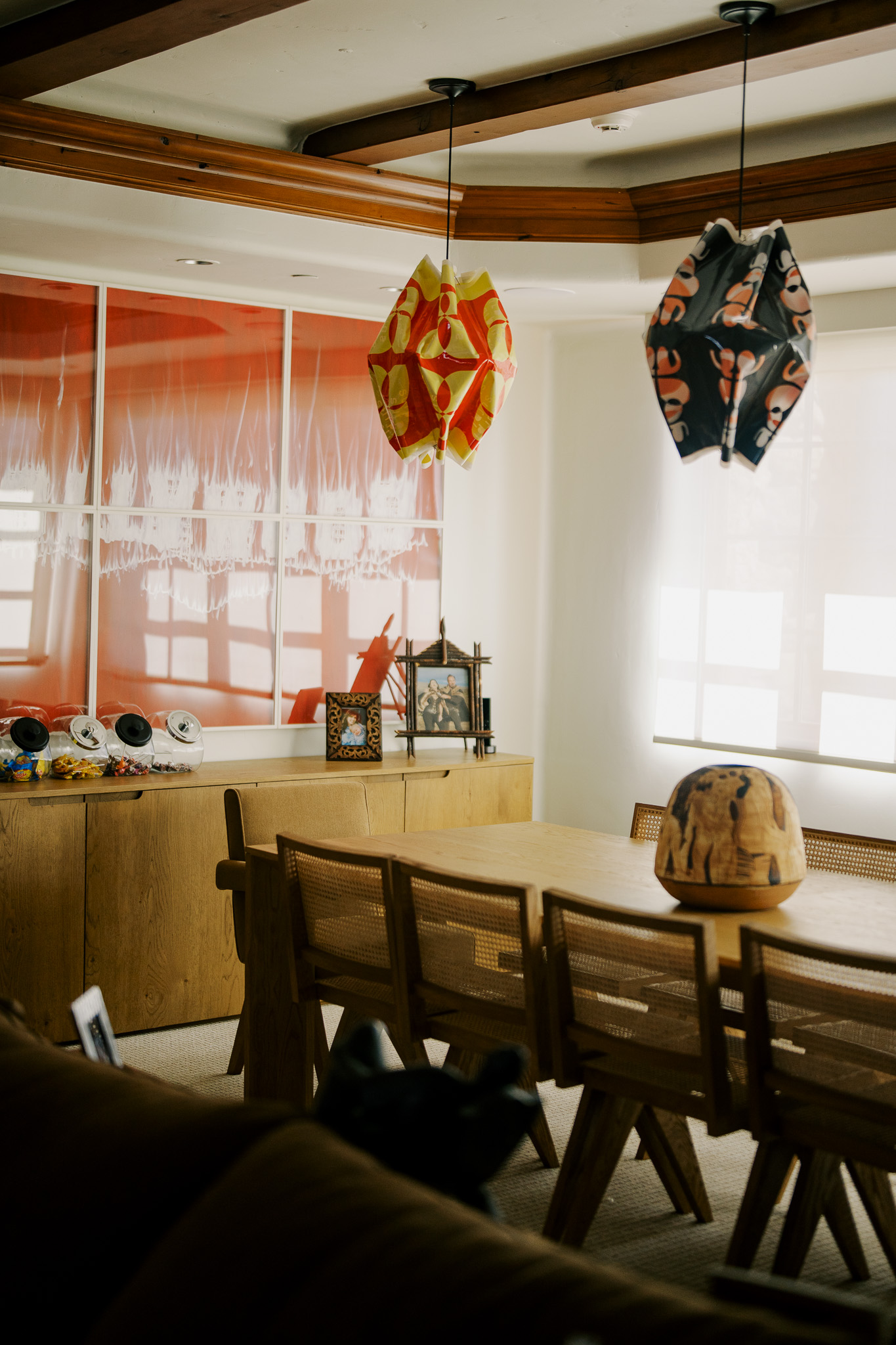 Jorge Perez Aspen dining room with Gary Simmons painting Rafael Domenech and Ernesto Oroza lamps and Viola Frey sculpture