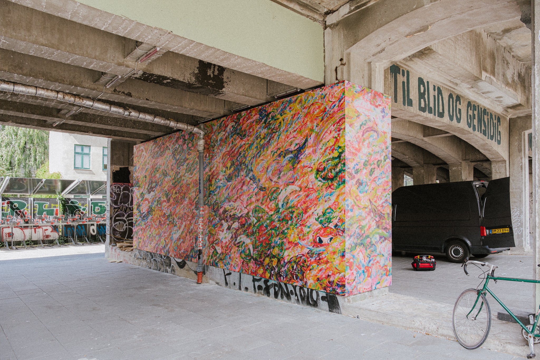 Ayako Rokkaku public artwork beneath the elevated railway at Nørrebro Station in Copenhagen in 2026
