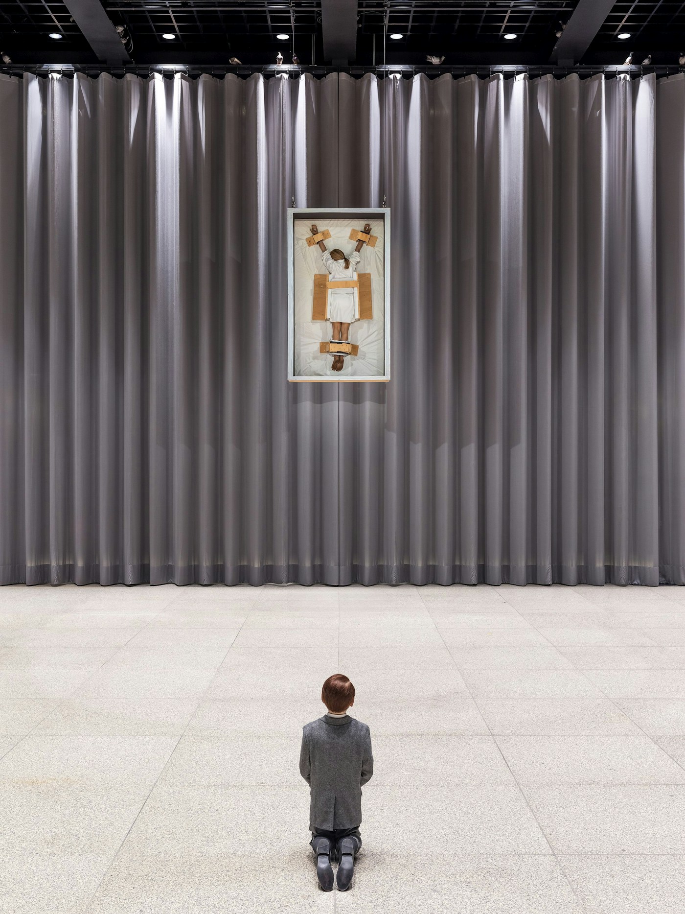 Maurizio Cattelan Him installed in NIGHT at the Neue Nationalgalerie, Berlin, 2026