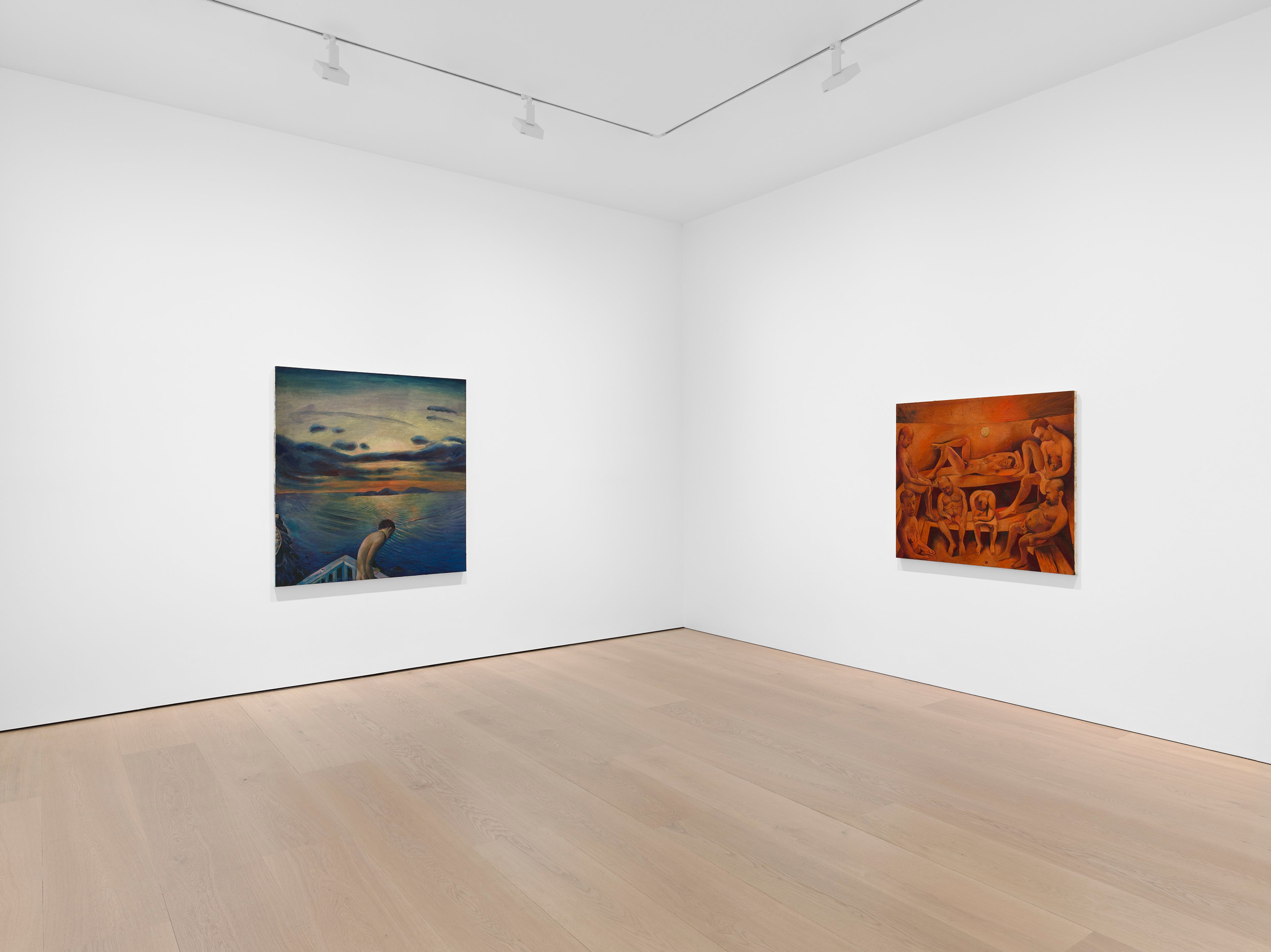 Installation view showing Fratino’s landscape and figure paintings in Prose. Courtesy David Zwirner.
