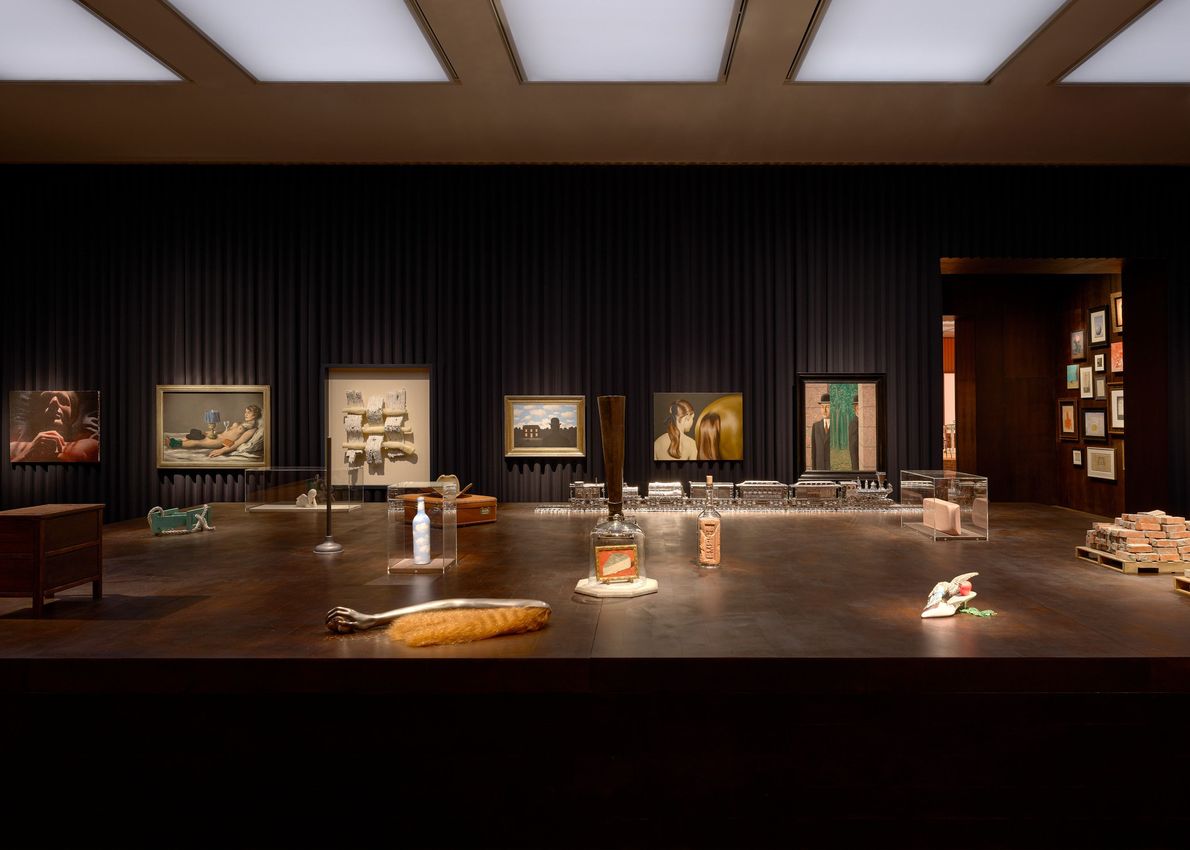 Installation view showing the staged hang of The Afterlife of Magritte at Gagosian
