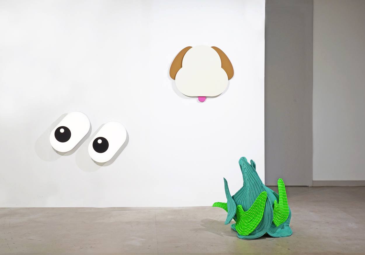 Yelin Lee (Yelin-ment), Eyes / Dog Face / Fire, 2026. Mixed media; 50 × 45, 58 × 58 and 60 × 40 cm respectively.