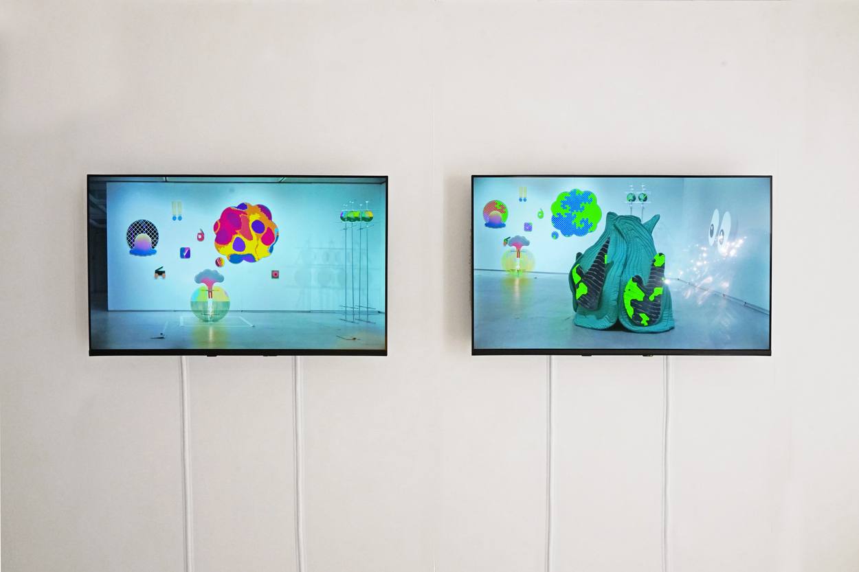 Installation view of Ghost Play, 2026, showing the exhibition screens.