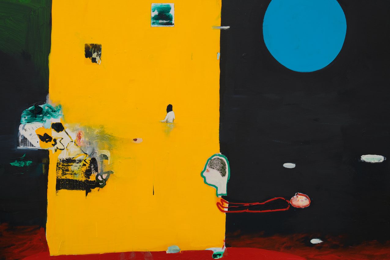 Painting by Brian Harte with yellow and black fields and a blue circle