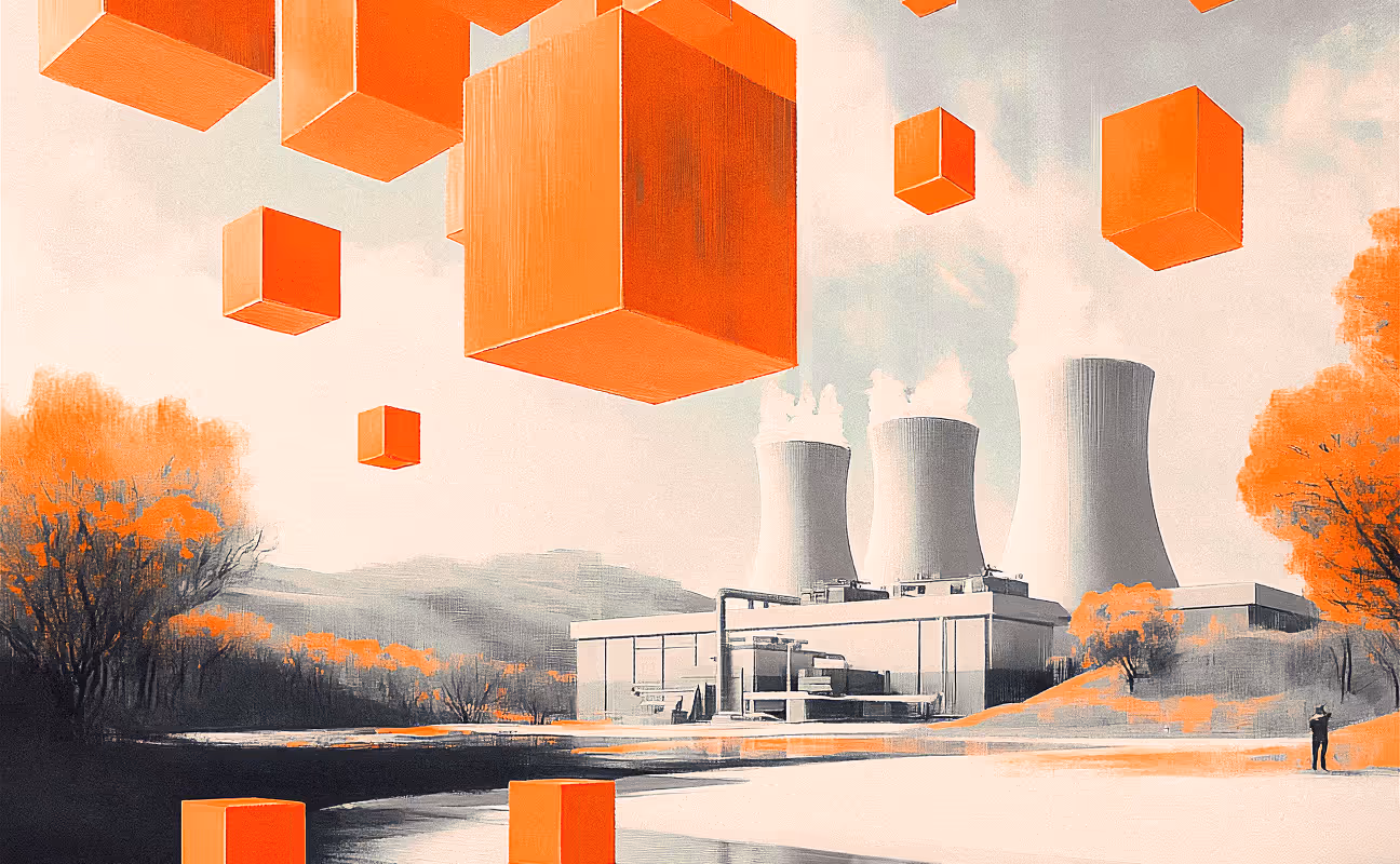 Illustration of an energy producing plant with decorative floating orange squares