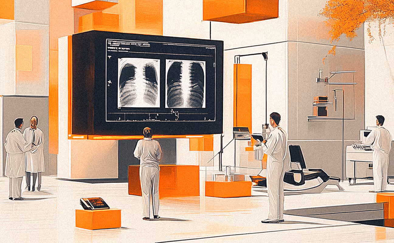 Illustration eines Krankenhauses mit Ärzten, die ein Röntgenbild betrachten, und dekorativen orangefarbenen Würfeln in der Luft.