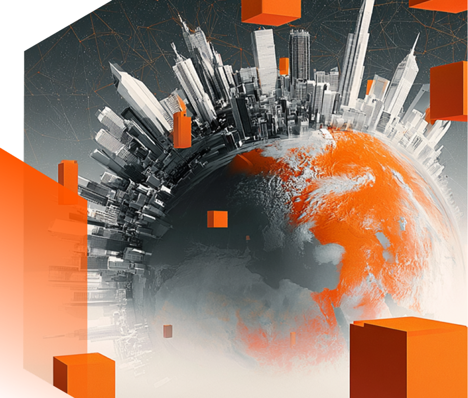 Digital artwork of a spherical cityscape with tall skyscrapers encircling the upper half of a planet-like sphere