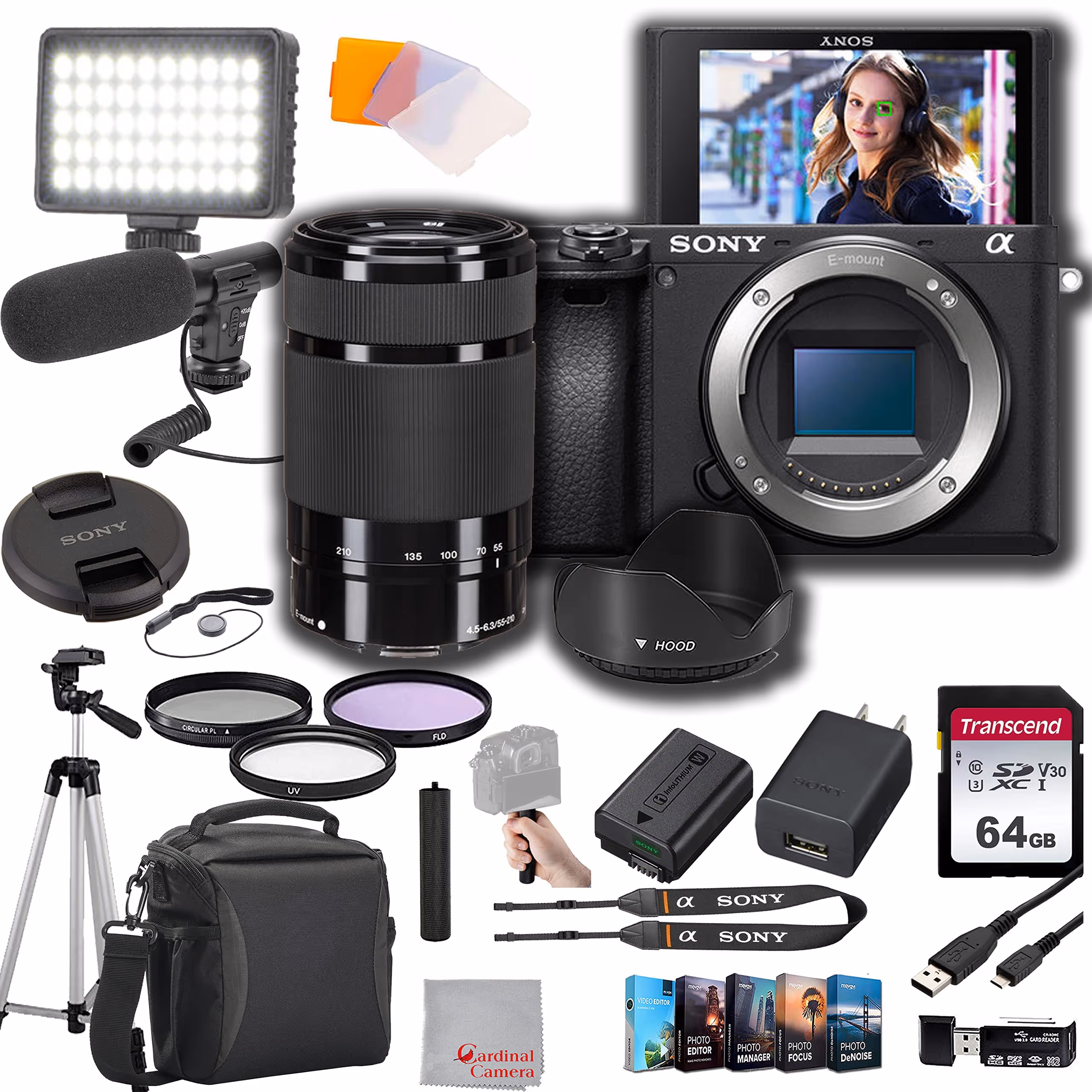 Sony a6400 Mirrorless Camera with 55-210mm Lens, 64GB Memory,Videl Microphone, LED Video Light, Case. Tripod, Filters, Hood, Grip, & Professional Video & Photo Editing Software Kit