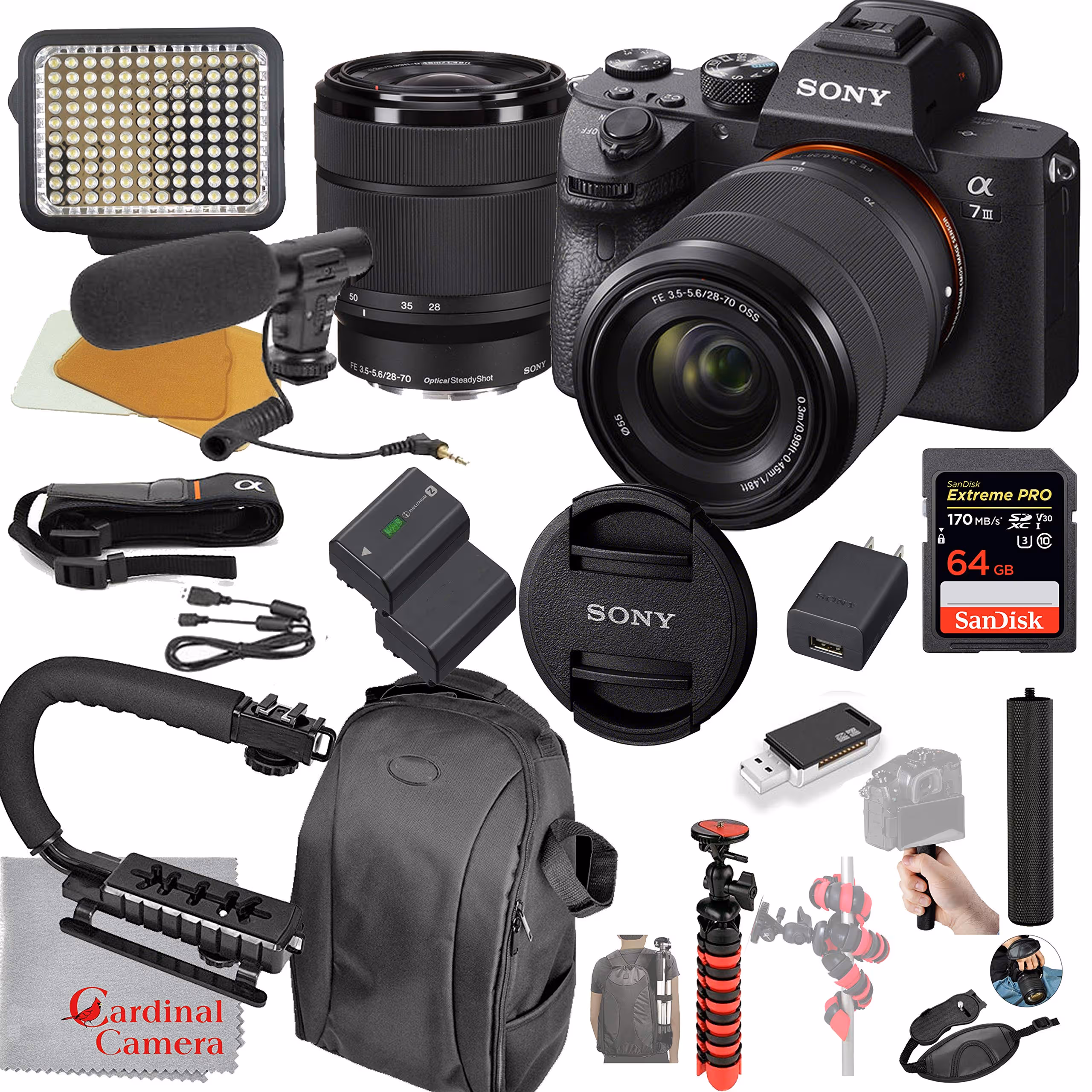 Sony Alpha a7 III Mirrorless Digital Camera with 28-70mm Lens Kit Video Bundle + LED Video Light + Microphone + Extreme Speed 64GB Memory(20pc Bundle), ILCE7M3K/B