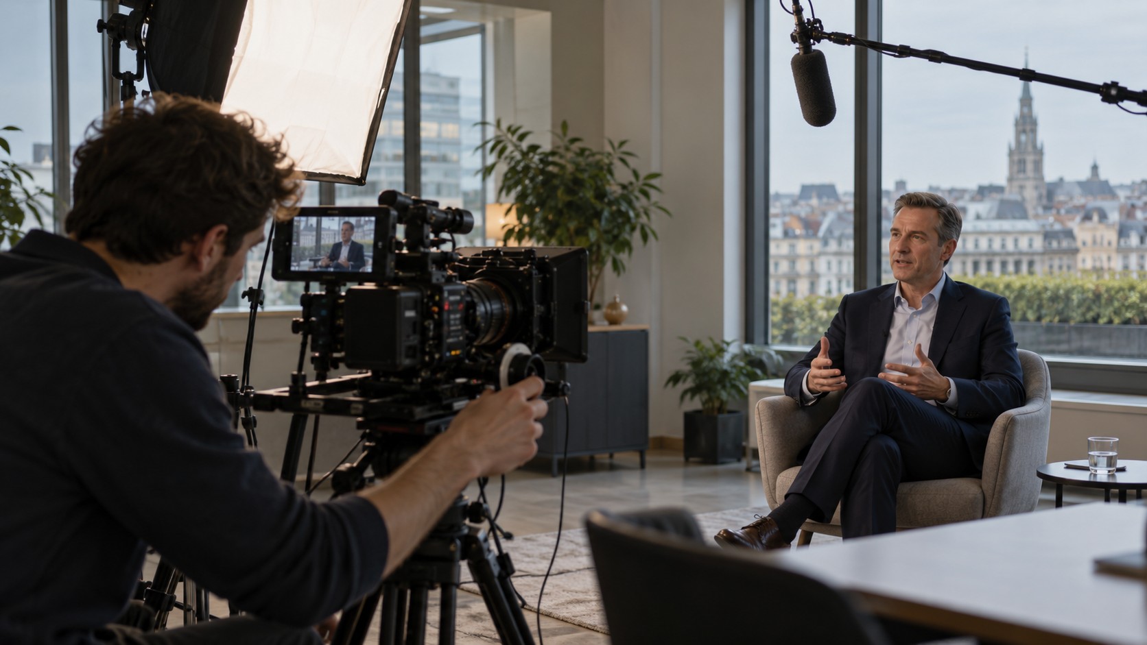 AI-generated illustration of a leadership interview camera setup in Brussels
