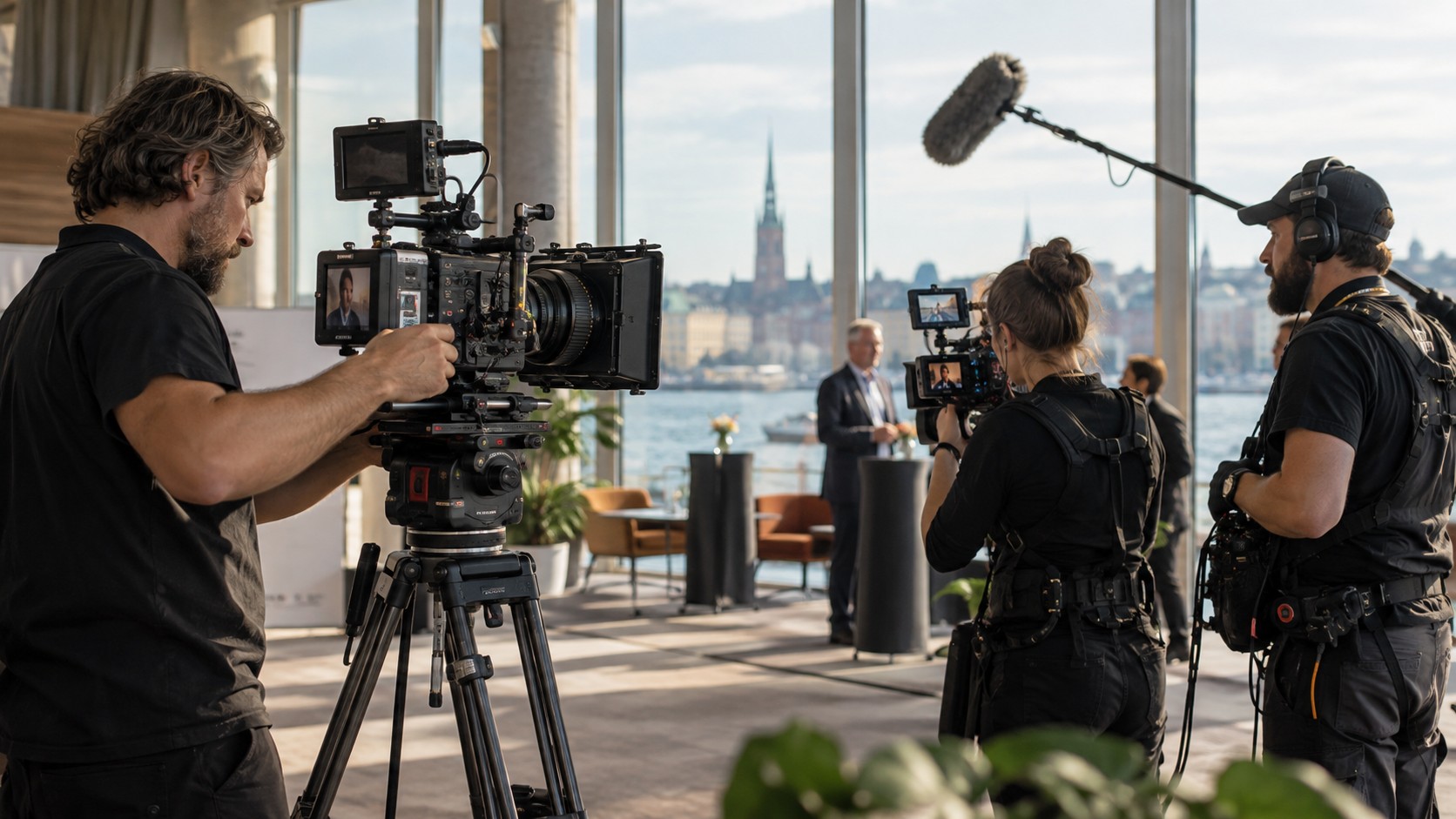 AI-generated illustration of a film crew covering a Stockholm corporate event