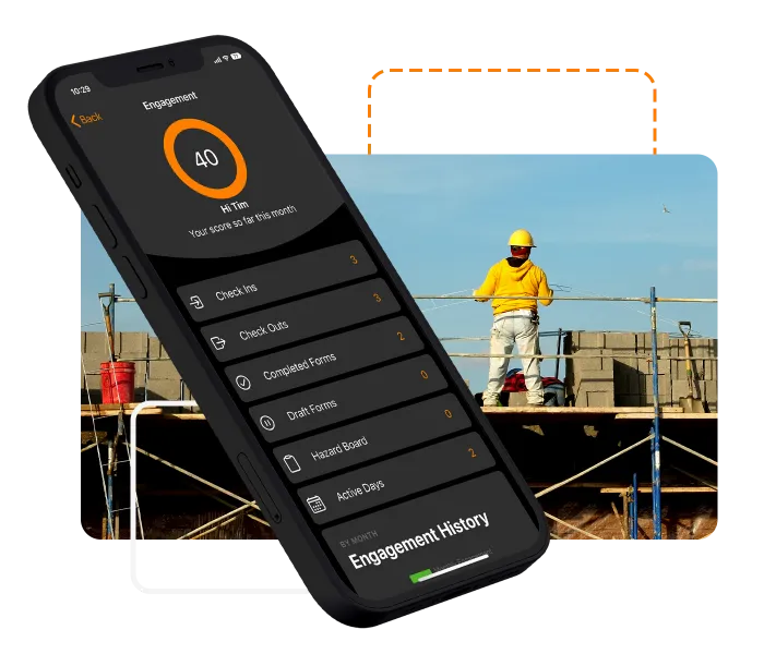 Site App Pro on iPhone screen with a photo of builders working