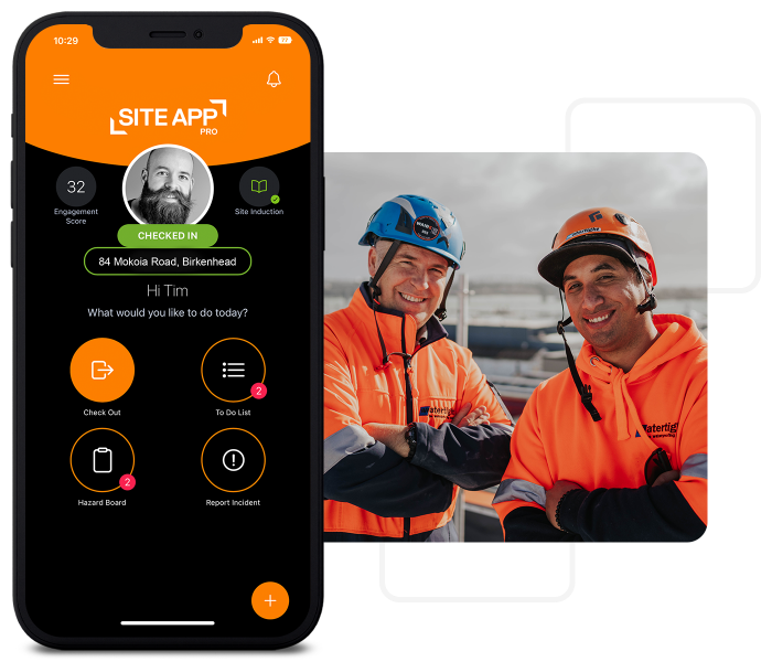 Home screen on mobile phone with a photo of Watertight workers