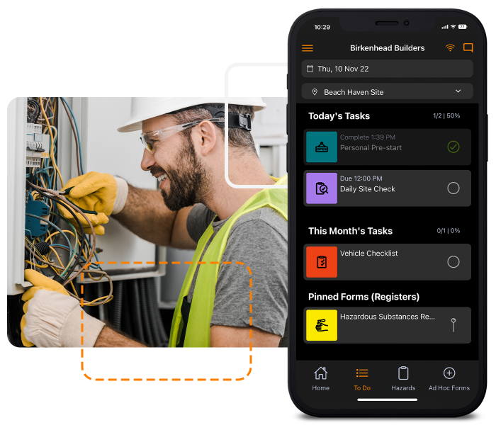 Site App Pro on an iPhone with photo of electrician working