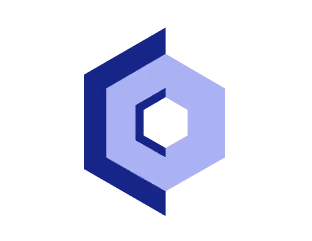 Hexagonal geometric logo with overlapping dark and light blue shapes.