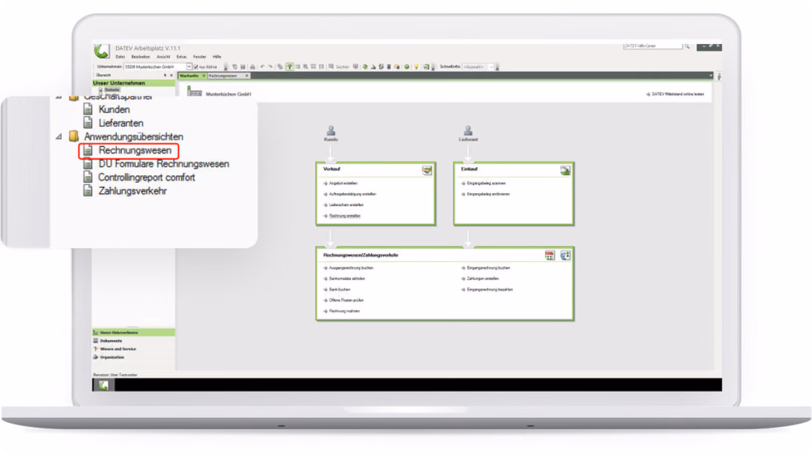 Laptop screen showing DATEV software workflow with invoicing section highlighted in German language.
