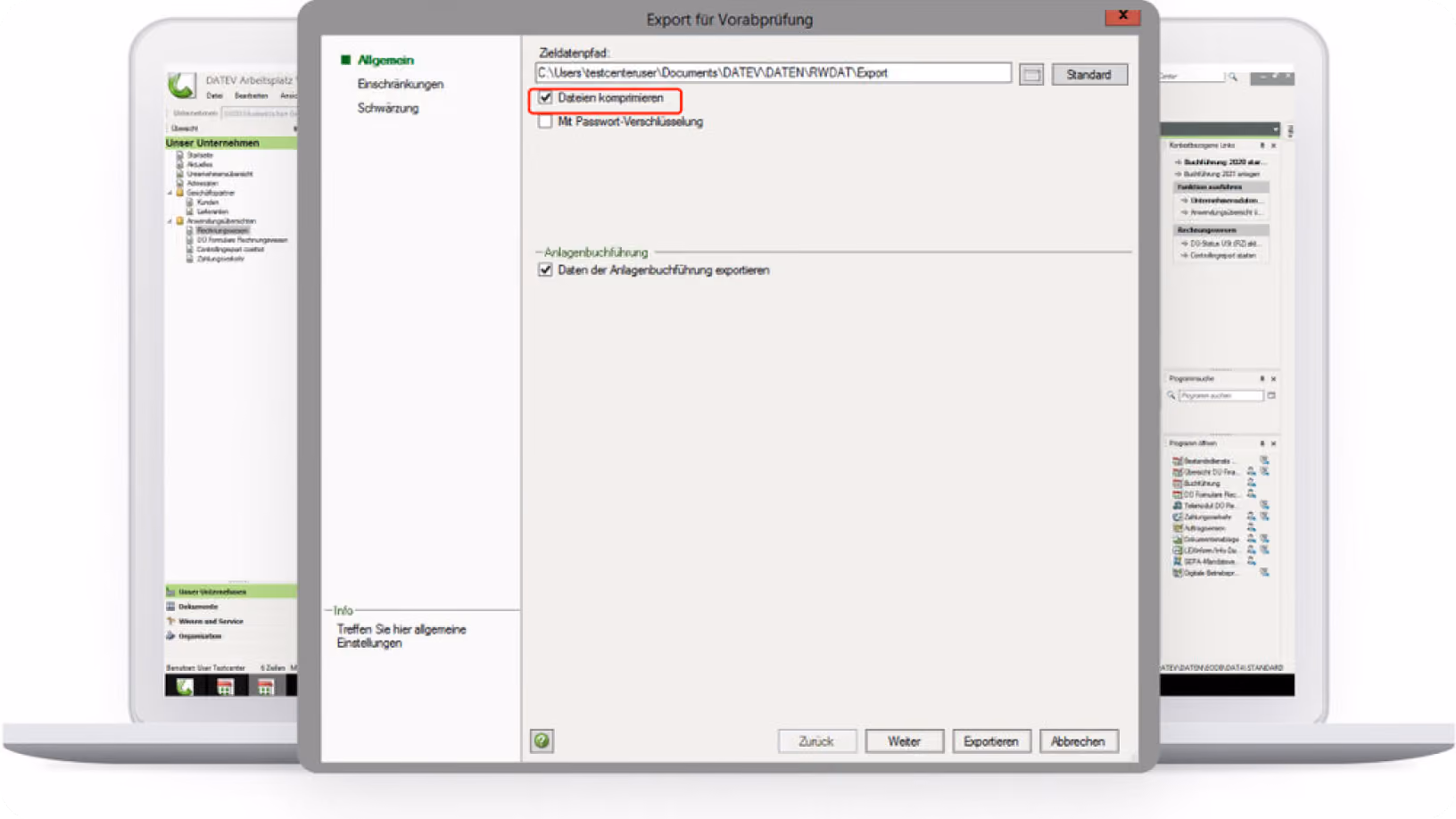 Software export window on laptop screen showing options to compress files and export asset data.