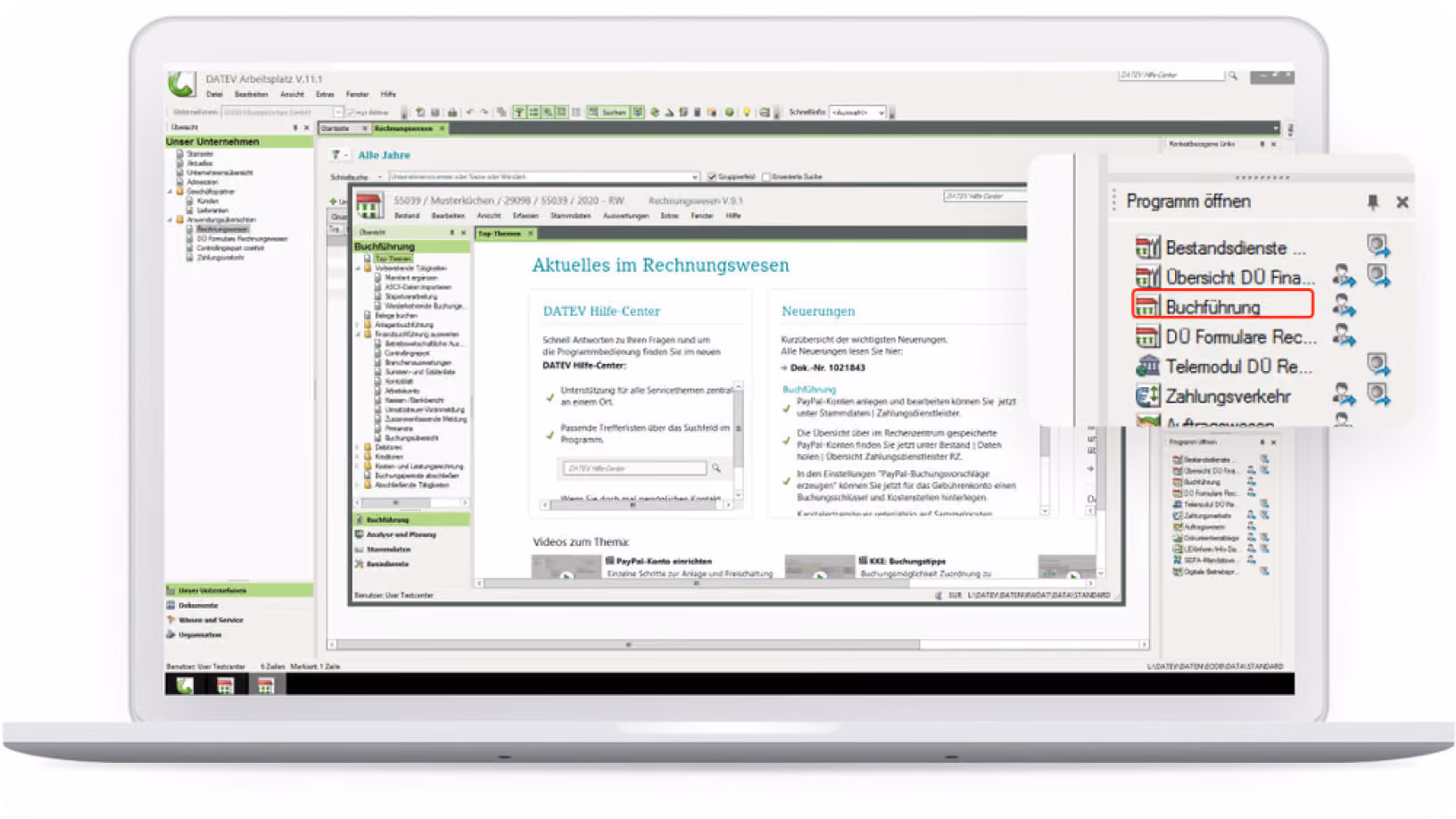 Laptop screen showing DATEV software interface with accounting module highlighted in the program menu.