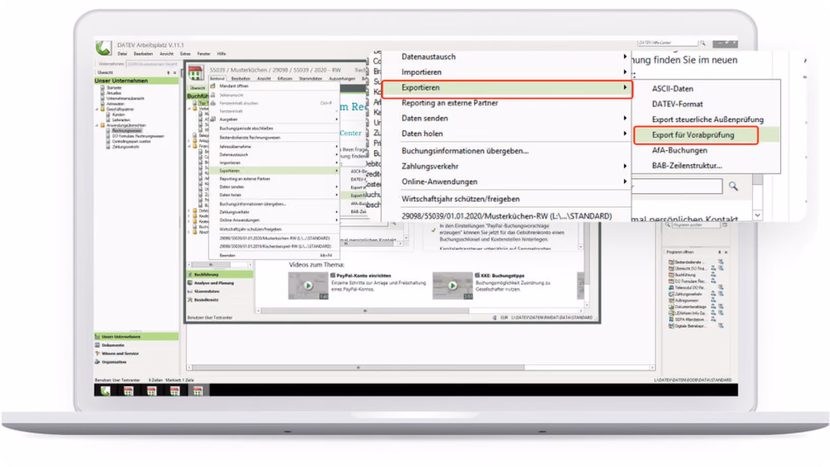 Laptop screen showing a German accounting software menu with export options highlighted.