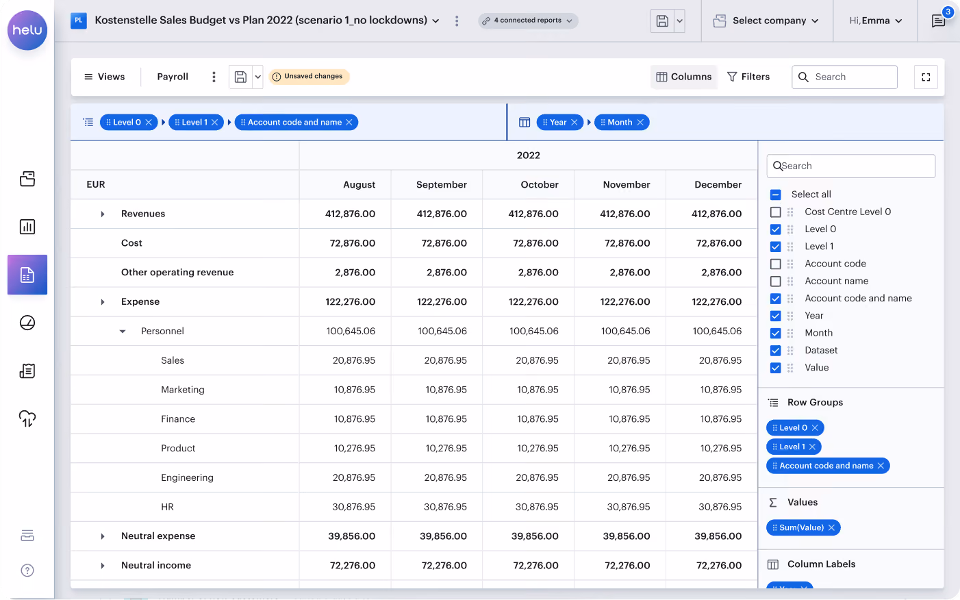 Financial table shows costs, revenues, and expenses from August to December 2022 with detailed personnel costs.