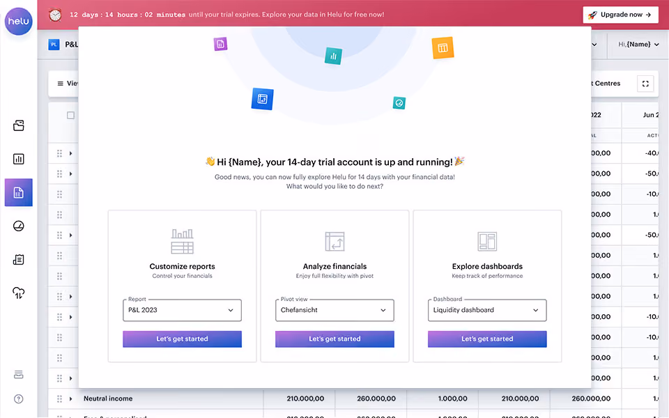 Welcome screen showing options to customize reports, analyze financials, or explore dashboards in Helu trial account