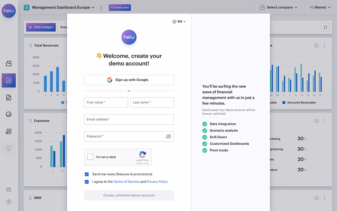 Demo account signup form with fields for name, email, password, Google signup button, and feature list.