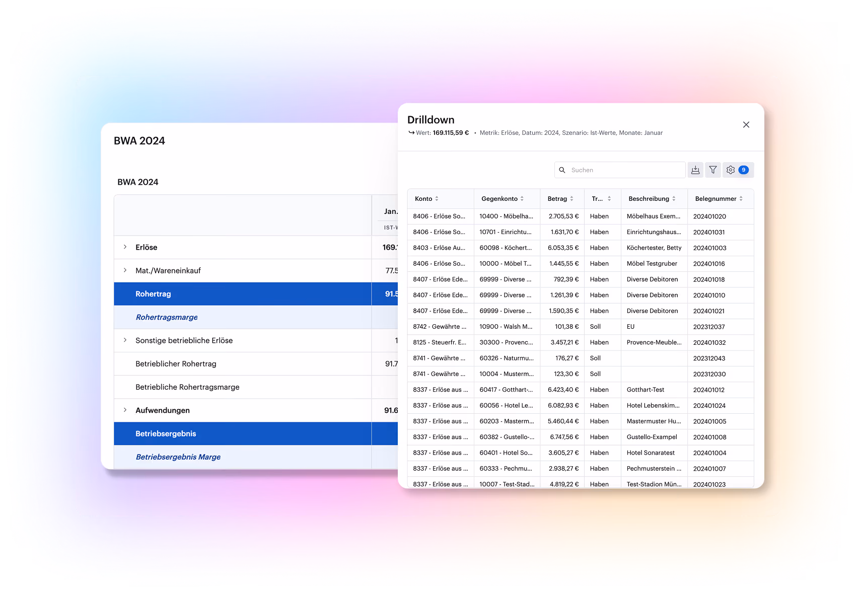 Finance dashboard showing BWA 2024 revenue, expenses, and drilldown of transactions with amounts and descriptions.