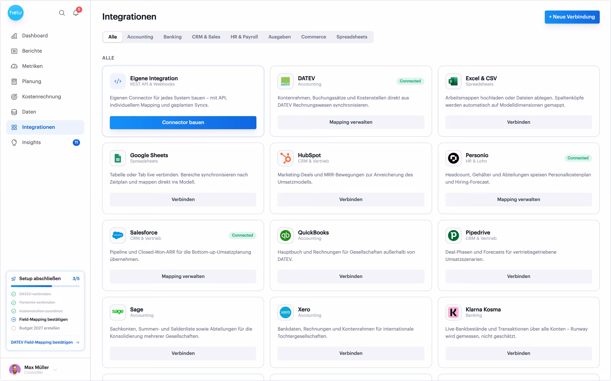 Screenshot of the Helu Integrations page showing software integrations.