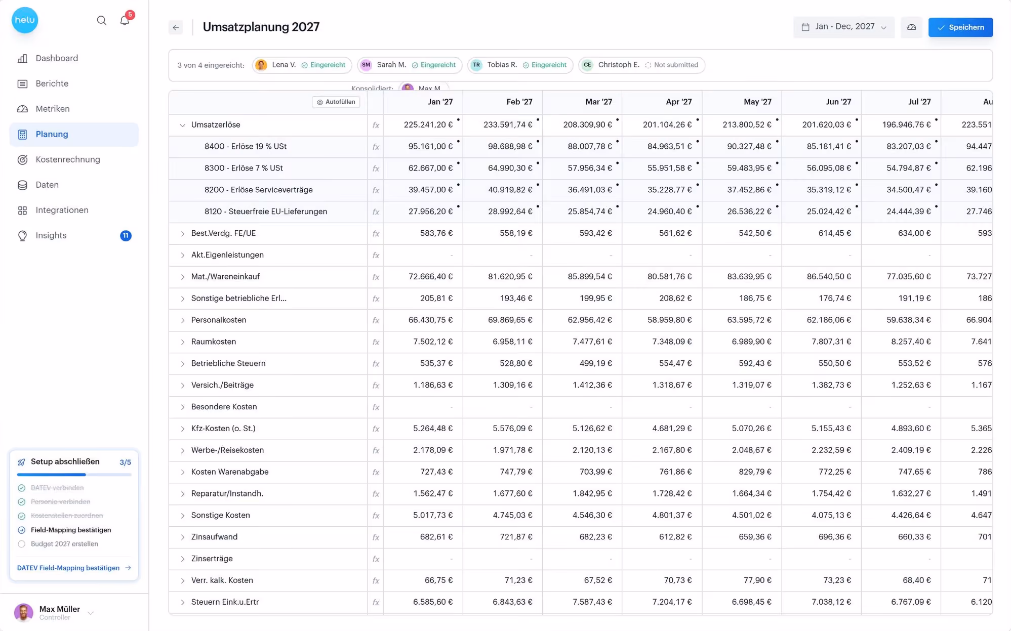 Screenshot of a financial planning dashboard titled 'Umsatzplanung 2027' showing a detailed sales and cost table for Jan to Jul 2027, including revenue from different categories, costs, and taxes in euros, with a sidebar menu for navigation and user profiles displayed.